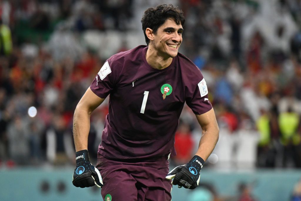 06 December 2022, Qatar, Al-Rajjan: Soccer, World Cup, Morocco - Spain, final round, round of 16, Education City Stadium, Morocco's goalkeeper Bono cheers after holding a penalty kick. Photo: Robert Michael/dpa (Photo by Robert Michael/picture alliance via Getty Images)