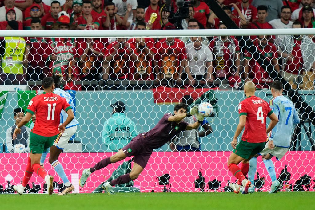 Bono goalkeeper of Morocco and Sevilla FC makes a save during the FIFA World Cup Qatar 2022 Round of 16 match between Morocco and Spain at Education City Stadium on December 6, 2022 in Al Rayyan, Qatar. (Photo by Jose Breton/Pics Action/NurPhoto via Getty Images)