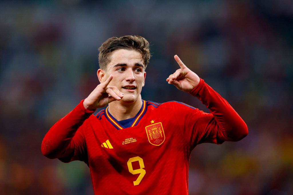 DOHA, QATAR - NOVEMBER 23: Gavi (Spain) celebrates after scoring his team's fifth goal with teammates during the FIFA World Cup Qatar 2022 Group E match between Spain and Costa Rica at Al Thumama Stadium on November 23, 2022 in Doha, Qatar. (Photo by Matteo Ciambelli/DeFodi Images via Getty Images)