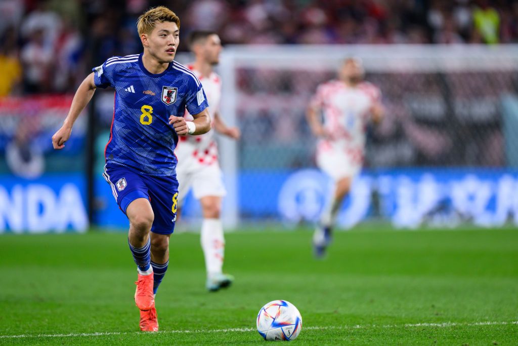 AL WAKRAH, QATAR - DECEMBER 05: Ritsu Doan of Japan controls the ball during the FIFA World Cup Qatar 2022 Round of 16 match between Japan and Croatia at Al Janoub Stadium on December 05, 2022 in Al Wakrah, Qatar. (Photo by Markus Gilliar - GES Sportfoto/Getty Images)