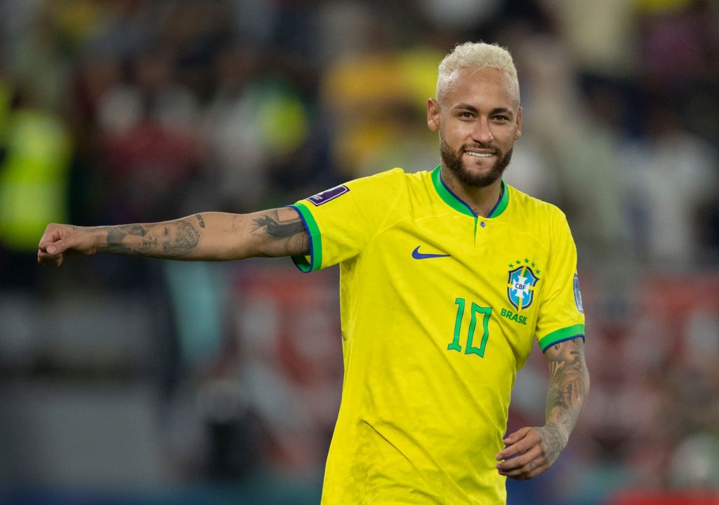 DOHA, QATAR - DECEMBER 05: Neymar of Brazil celebrates to fans following the FIFA World Cup Qatar 2022 Round of 16 match between Brazil and South Korea at Stadium 974 on December 5, 2022 in Doha, Qatar. (Photo by Visionhaus/Getty Images)