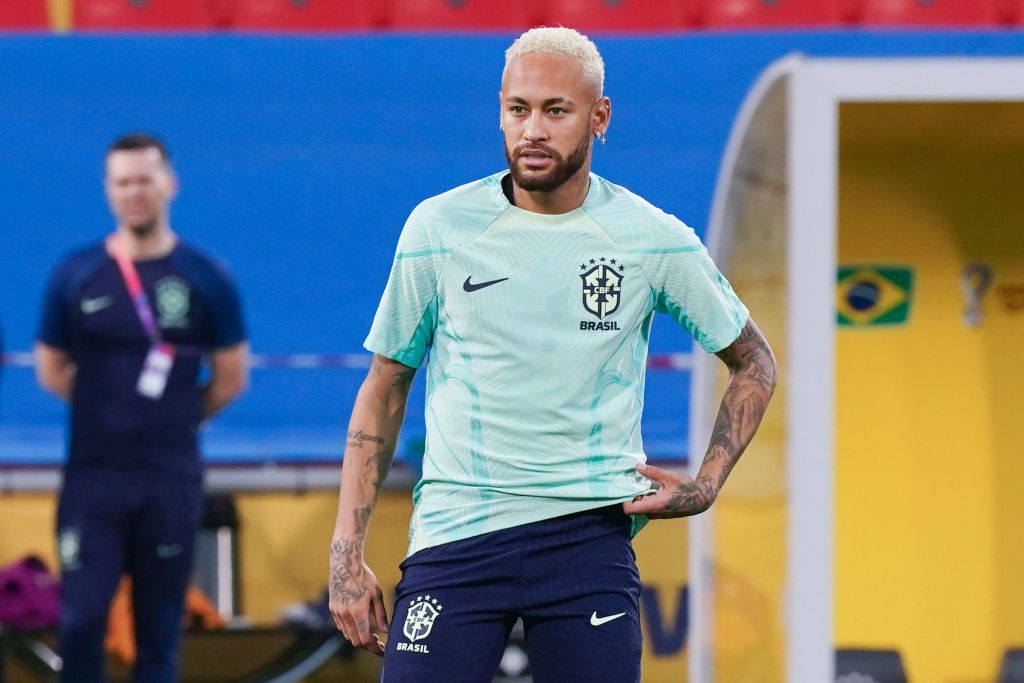 DOHA, QATAR - DECEMBER 08: Neymar of Brasil looks on during a training session on match day -1 at Al Arabi SC Stadium on December 8, 2022 in Doha, Qatar. (Photo by Khalil Bashar/Jam Media/Getty Images)