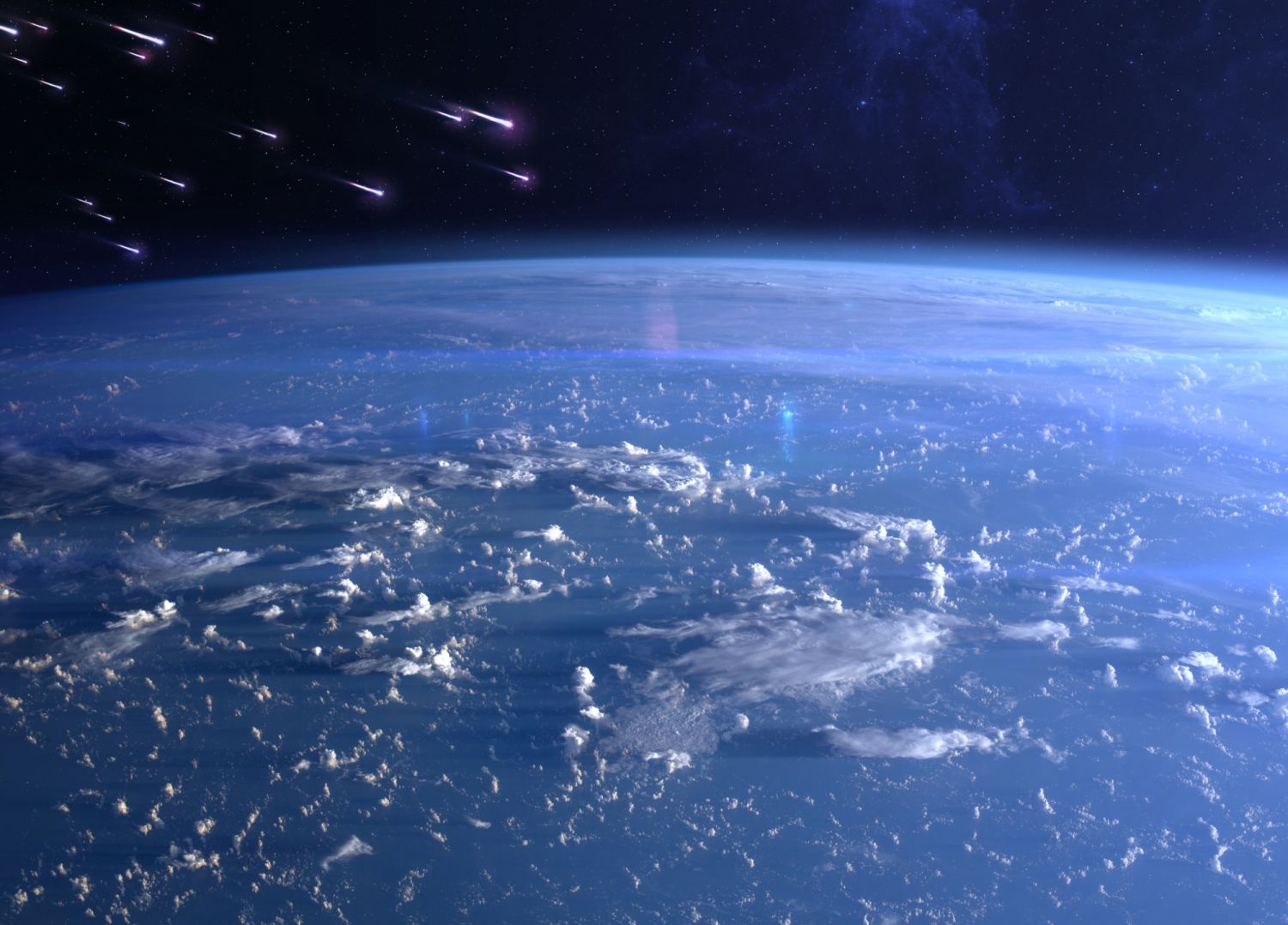 View of planet Earth and meteor shower. Meteor rain and Earth. Quadrantids, Lyrids, Eta Aquariids, Aquariids, Perseids, Orionids, Leonids, Geminids. Elements of this image furnished by NASA. ______ Url(s): https://www.nasa.gov/image-feature/sunrise-across-the-philippine-sea/https://photojournal.jpl.nasa.gov/catalog/PIA17257Software: Adobe Photoshop CC 2015. Knoll light factory. Adobe After Effects CC 2017.