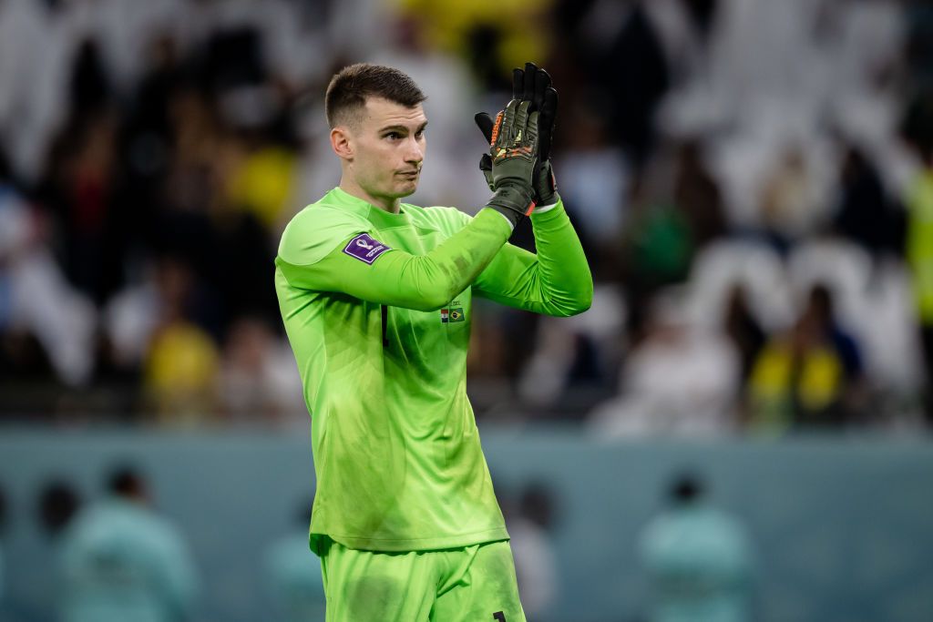 AL RAYYAN, QATAR - DECEMBER 09: Dominik Livakovic of Croatia shows appreciation to the fans during the FIFA World Cup Qatar 2022 quarter final match between Croatia and Brazil at Education City Stadium on December 09, 2022 in Al Rayyan, Qatar. (Photo by Marvin Ibo Guengoer - GES Sportfoto/Getty Images)