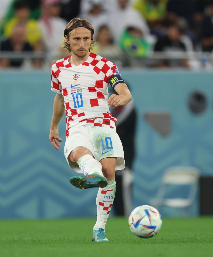 AL RAYYAN, QATAR - DECEMBER 09: Luka Modric of Croatia controls the ball during the FIFA World Cup Qatar 2022 quarter final match between Croatia and Brazil at Education City Stadium on December 09, 2022 in Al Rayyan, Qatar. (Photo by Alex Grimm/Getty Images)