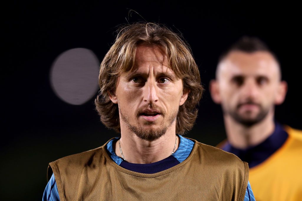 DOHA, QATAR - DECEMBER 12: Luka Modric of Croatia looks on during the Croatia Training Session at Al Erssal Training Site on December 12, 2022 in Doha, Qatar. (Photo by Alex Pantling/Getty Images)