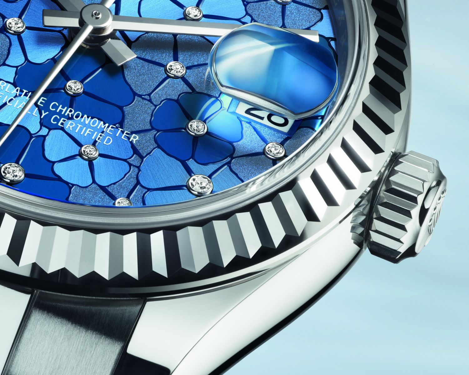 Close-up on the Oyster PerpetualDatejust 31 dial bezel and case