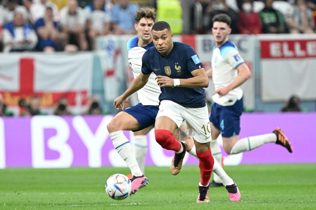 AL KHOR, QATAR - DECEMBER 10: Kylian Mbappe of France during the FIFA World Cup Qatar 2022 quarter final match between England and France at Al Bayt Stadium on December 10, 2022 in Al Khor, Qatar. (Photo by Lionel Hahn/Getty Images)