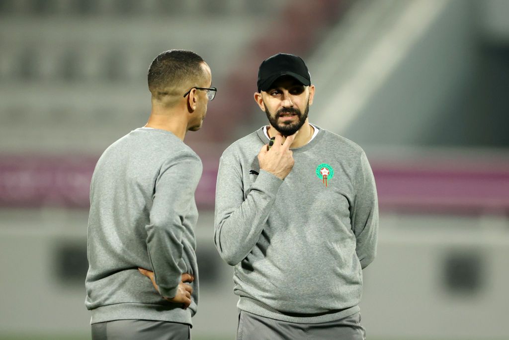 DOHA, QATAR - DECEMBER 13: Walid Regragui, Head Coach of Morocco, looks on during the Morocco Training Session at Al Duhail SC Stadium on December 13, 2022 in Doha, Qatar. (Photo by Robert Cianflone/Getty Images)