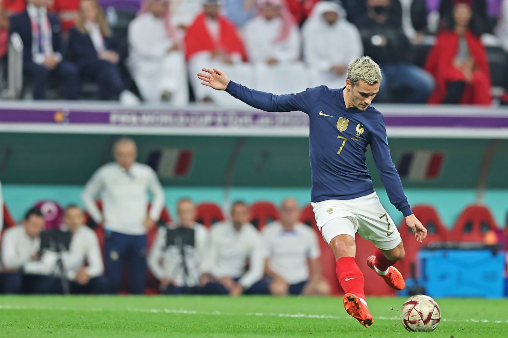 AL KHOR, QATAR - DECEMBER 14: Antoine Griezmann of France looks to bring the ball down during the FIFA World Cup Qatar 2022 semi final match between France and Morocco at Al Bayt Stadium on December 14, 2022 in Al Khor, Qatar. (Photo by Heuler Andrey/Eurasia Sport Images/Getty Images)