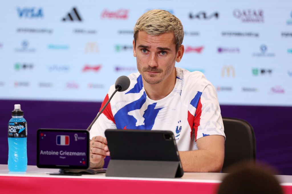 AL KHOR, QATAR - DECEMBER 14: Antoine Griezmann of France attends the post match press conference after the 2-0 win during the FIFA World Cup Qatar 2022 semi final match between France and Morocco at Al Bayt Stadium on December 14, 2022 in Al Khor, Qatar. (Photo by Maddie Meyer - FIFA/FIFA via Getty Images)