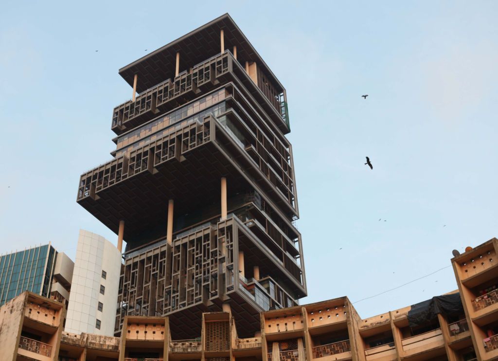 MUMBAI, INDIA - OCTOBER 14, 2010: Antilla Mukesh Ambani building Residence home house. (Photo by Ansuman Poyrekar/Hindustan Times via Getty Images)