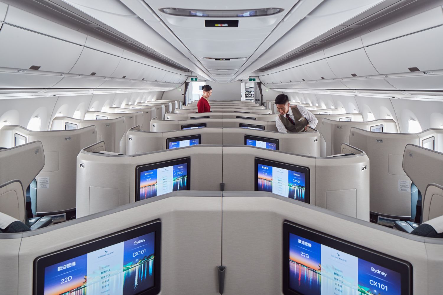 Cathay Pacific Business Class on board the A350 is laid out in a 1-2-1 format