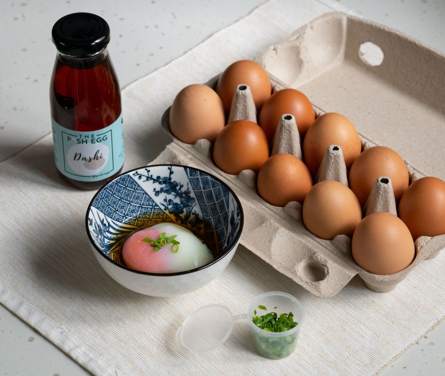 A Posh Egg set comes with sliced scallions and a bottle of dashi for you to enjoy the eggs with (Photo: The Posh Egg)