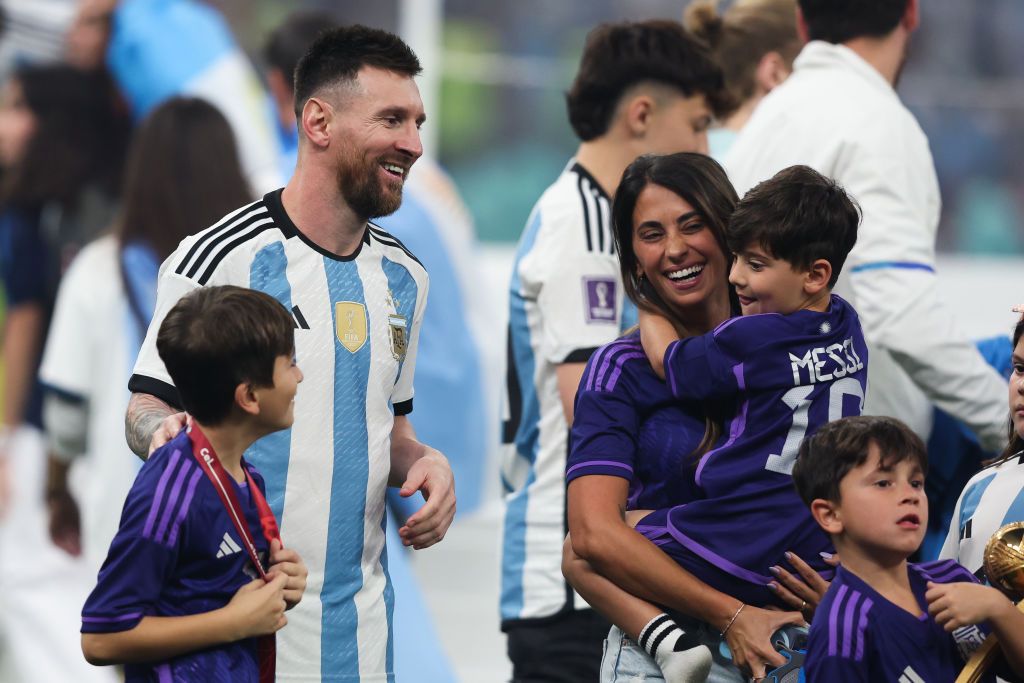 LUSAIL CITY, QATAR - DECEMBER 18: Lionel Messi of Argentina celebrates with his family after the FIFA World Cup Qatar 2022 Final match between Argentina and France at Lusail Stadium on December 18, 2022 in Lusail City, Qatar. (Photo by Alex Livesey - Danehouse/Getty Images)