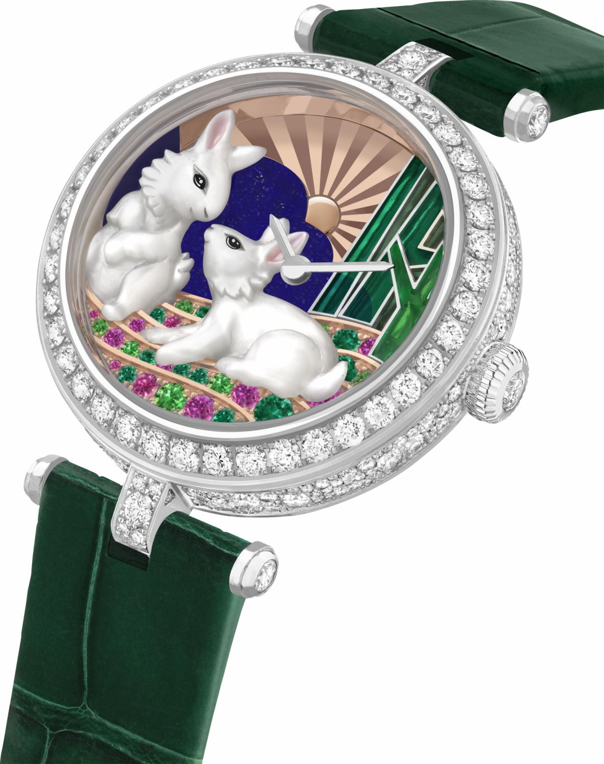 Extraordinary Dials Collection, Lady Duo de Lapins watch. 33mm white gold case; white gold bezel, round diamonds; foreground white mother-of-pearl rabbits, miniature painting, lacquer, rose gold ground, round pink sapphires, round emeralds, white gold trees, plique-à -jour enamel; background clouds in lapis lazuli marquetry, guilloché rose gold sun; white gold crown, round diamond; two interchangeable shiny alligator straps, one green and a second color to choose from the offer available in boutique; inter