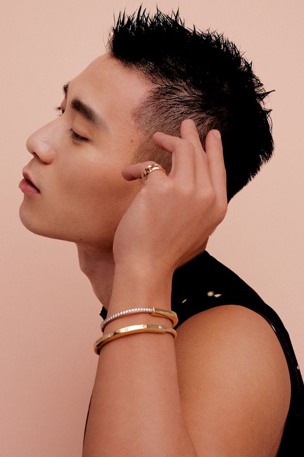 Tiffany T True ring and Tiffany Lock bangles, all by Tiffany & Co.; Loewe shirt