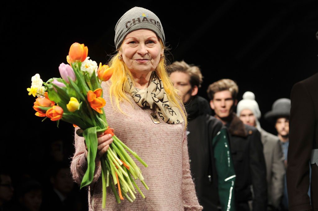 MILAN, ITALY - JANUARY 13: Designer Vivienne Westwood acknowledge the audience at the end of the Vivienne Westwood show as part of Milan Fashion Week Menswear Autumn/Winter 2013 on January 13, 2013 in Milan, Italy. (Photo by Stefania D'Alessandro/WireImage)