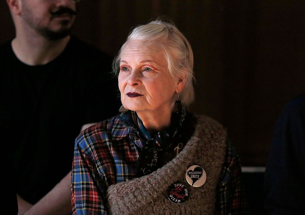 LONDON, ENGLAND - FEBRUARY 21: Dame Vivienne Westwood watches rehearsals ahead of her show during London Fashion Week Autumn/Winter 2016/17 at Royal College of Surgeons on February 21, 2016 in London, England. (Photo by John Phillips/Getty Images)