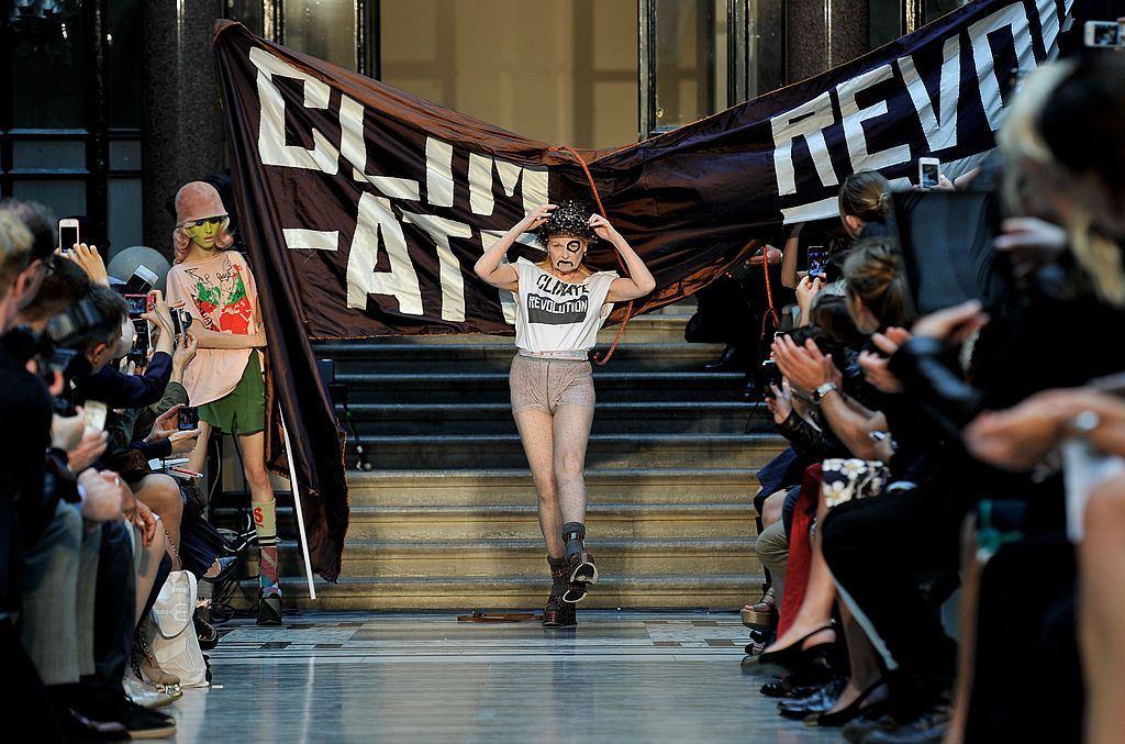 LONDON, ENGLAND - SEPTEMBER 16: Designer Vivienne Westwood walks on the catwalk by Vivienne Westwood Red Label on day 3 of London Fashion Week Spring/Summer 2013, at the British Foreign & Commonwealth Office on September 16, 2012 in London, England. (Photo by Gareth Cattermole/Getty Images)