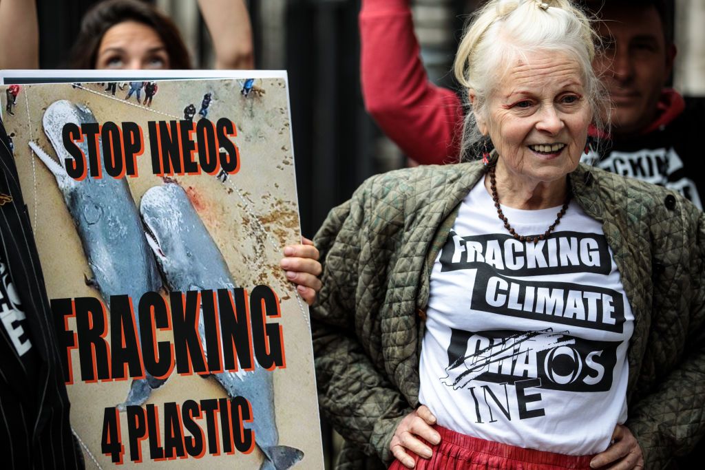 LONDON, ENGLAND - JUNE 05: British fashion designer Dame Vivienne Westwood and her son Joe Corre (not pictured) stage an anti-fracking protest with campaigners outside Downing Street on June 5, 2018 in London, England. The campaigner and designer leads a demonstration against fracking by multinational chemicals company INEOS on World Environment Day. (Photo by Jack Taylor/Getty Images)