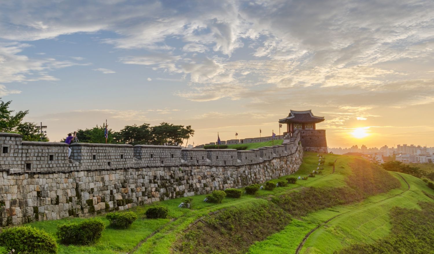 Sunset at Hwaseong Fortress in Suwon, South Korea.