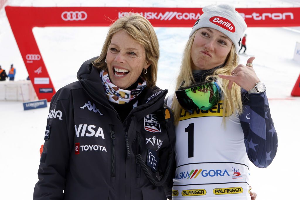 KRANJSKA GORA, SLOVENIA - JANUARY 8: Mikaela Shiffrin of Team United States celebrates, Eileen Shiffrin celebrates during the Audi FIS Alpine Ski World Cup Women's Giant Slalom on January 8, 2023 in Kranjska Gora, Slovenia. (Photo by Christophe Pallot/Agence Zoom/Getty Images)