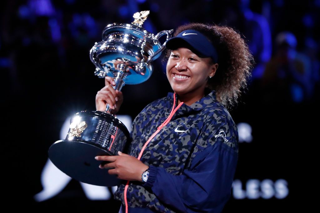 MELBOURNE, AUSTRALIA - FEBRUARY 20: Naomi Osaka of Japan poses with the Daphne Akhurst Memorial Cup after winning her Womenâs Singles Final match against Jennifer Brady of the United States during day 13 of the 2021 Australian Open at Melbourne Park on February 20, 2021 in Melbourne, Australia. (Photo by Darrian Traynor/Getty Images)