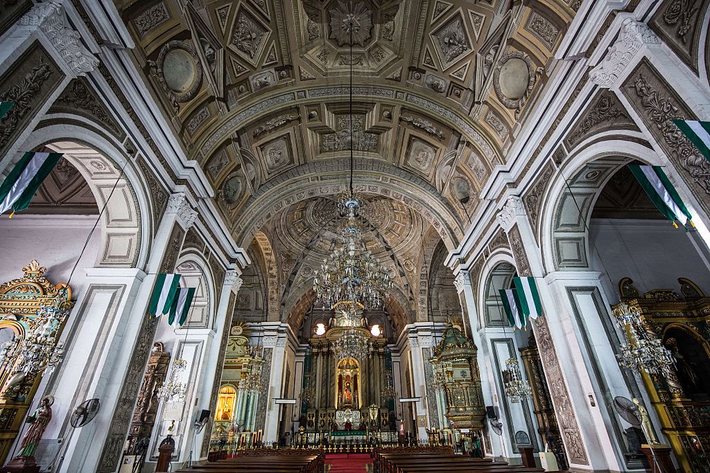MANILA, PHILIPPINES - 2016/06/23: San Agustin Dome Intramuros - San Agustin Church Intramuros Manila is the oldest church in the Philippines going back to 1587 and full of historical objects of value including its famous ornate trompe l'oeil frescoes on the vaulted ceiling. San Agustin has withstood seven earthquakes as well World War 2 and is a UNESCO World Heritage site. (Photo by John S Lander/LightRocket via Getty Images)