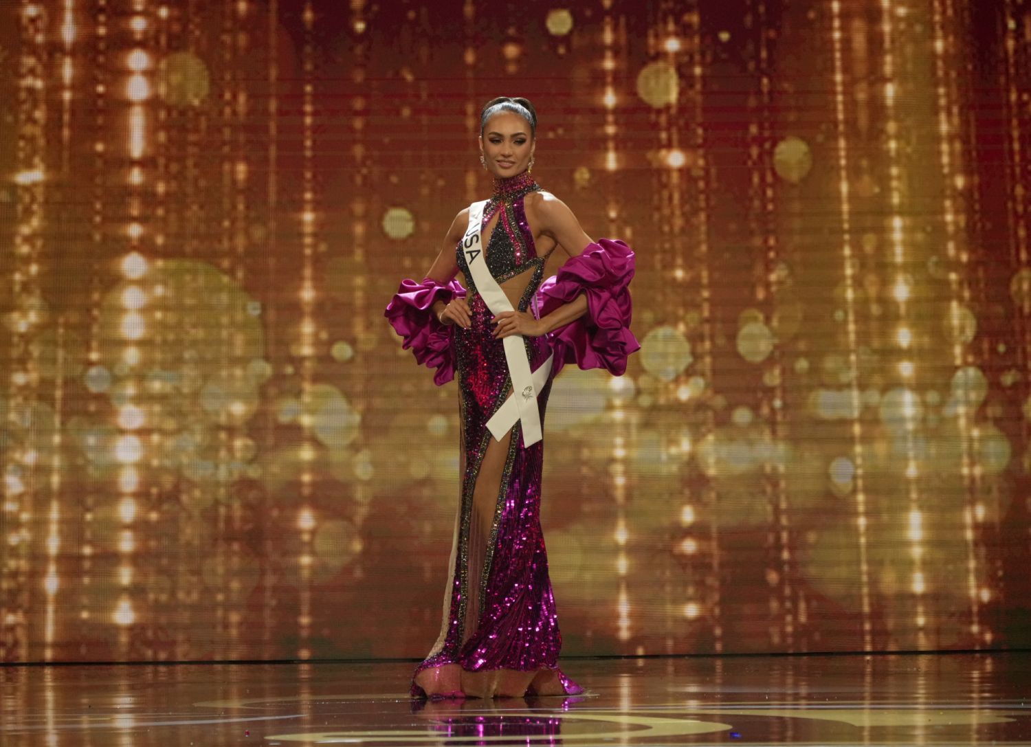 NEW ORLEANS, LOUISIANA - JANUARY 11: Miss USA, R'bonney Gabriel walks onstage during The 71st Miss Universe Competition Preliminary Competition at New Orleans Morial Convention Center on January 11, 2023 in New Orleans, Louisiana. (Photo by Josh Brasted/Getty Images)