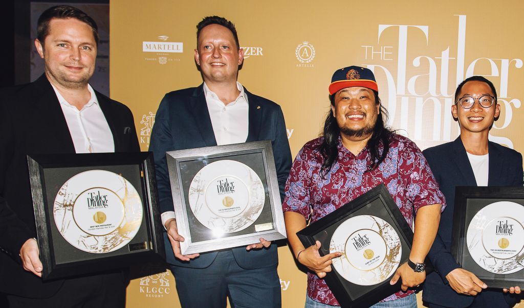 From left: Giles Langford, Ryan Behr, Su Kim Hock and Tan Kong Ching with their Noritake award plates (Photo: Daniel Adams)