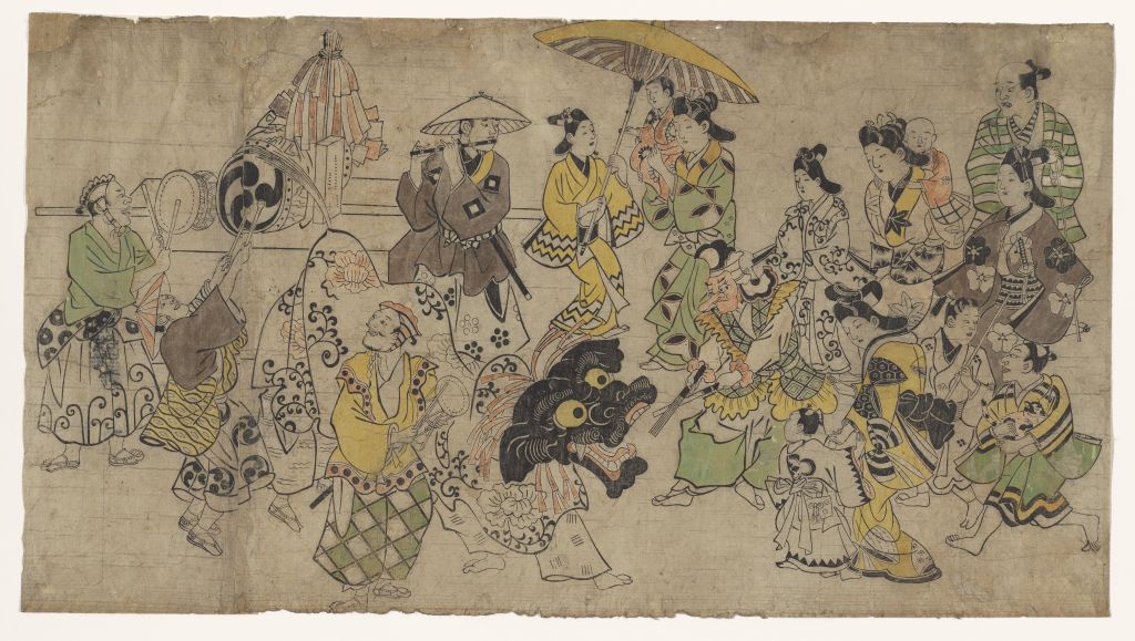 Sugimura Jihei's 'A New Year's Dance', a monochrome woodblock print with hand colouring on paper; The Mary Andrews Ladd Collection (Courtesy of the Portland Art Museum)