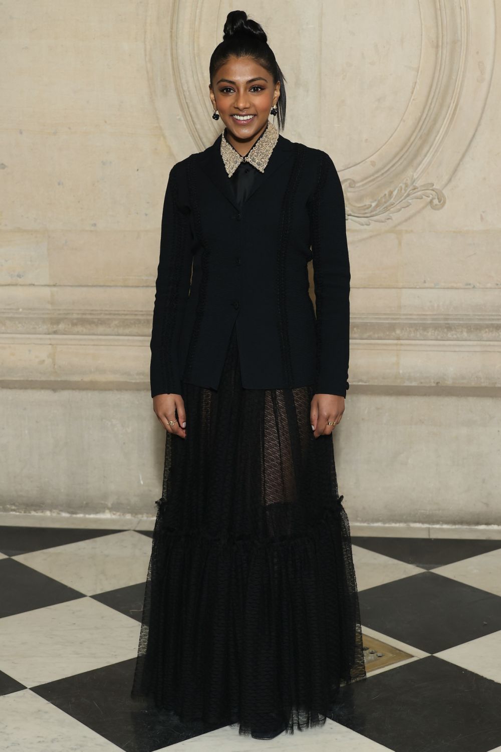 PARIS, FRANCE - JANUARY 23: (EDITORIAL USE ONLY - For Non-Editorial use please seek approval from Fashion House) Charithra Chandran attends the Christian Dior Haute Couture Spring Summer 2023 show as part of Paris Fashion Week on January 23, 2023 in Paris, France. (Photo by Marc Piasecki/WireImage)