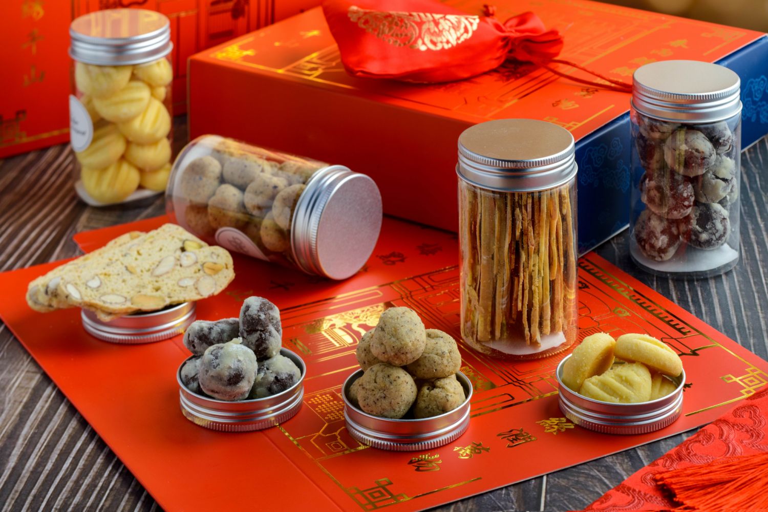 Few varieties of Chinese New Year cookies in a plastic container