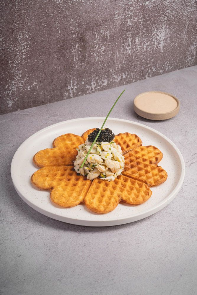 Crab, caviar and waffles