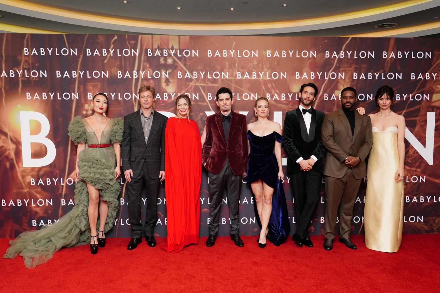 (left to right) Li Jun Li, Brad Pitt, Margot Robbie, Damien Chazelle, Olivia Hamilton, Diego Calva, Jovan Adepo and Katherine Waterston attending the premiere of Babylon at BFI Imax Waterloo in London. Picture date: Thursday January 12, 2023. (Photo by Ian West/PA Images via Getty Images)