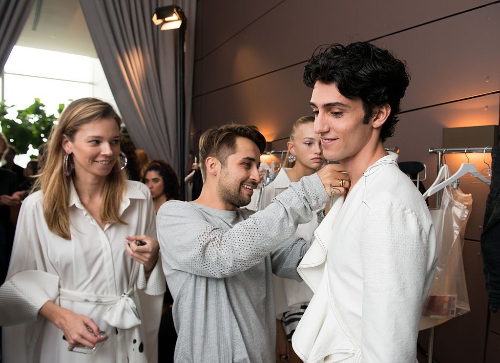 NEW YORK, NY - SEPTEMBER 09: Designers Beckett Fogg and Piotrek Panszczyk are seen backstage at the AREA fashion show during MADE Fashion Week September 2016 at The Standard, Highline on September 9, 2016 in New York City. (Photo by Noam Galai/Getty Images)
