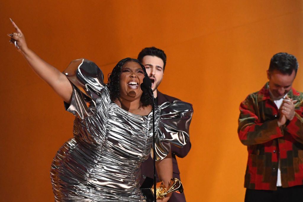 LOS ANGELES, CALIFORNIA - FEBRUARY 05: (FOR EDITORIAL USE ONLY) Lizzo accepts the Record Of The Year award for âAbout Damn Timeâ onstage during the 65th GRAMMY Awards at Crypto.com Arena on February 05, 2023 in Los Angeles, California. (Photo by JC Olivera/WireImage)