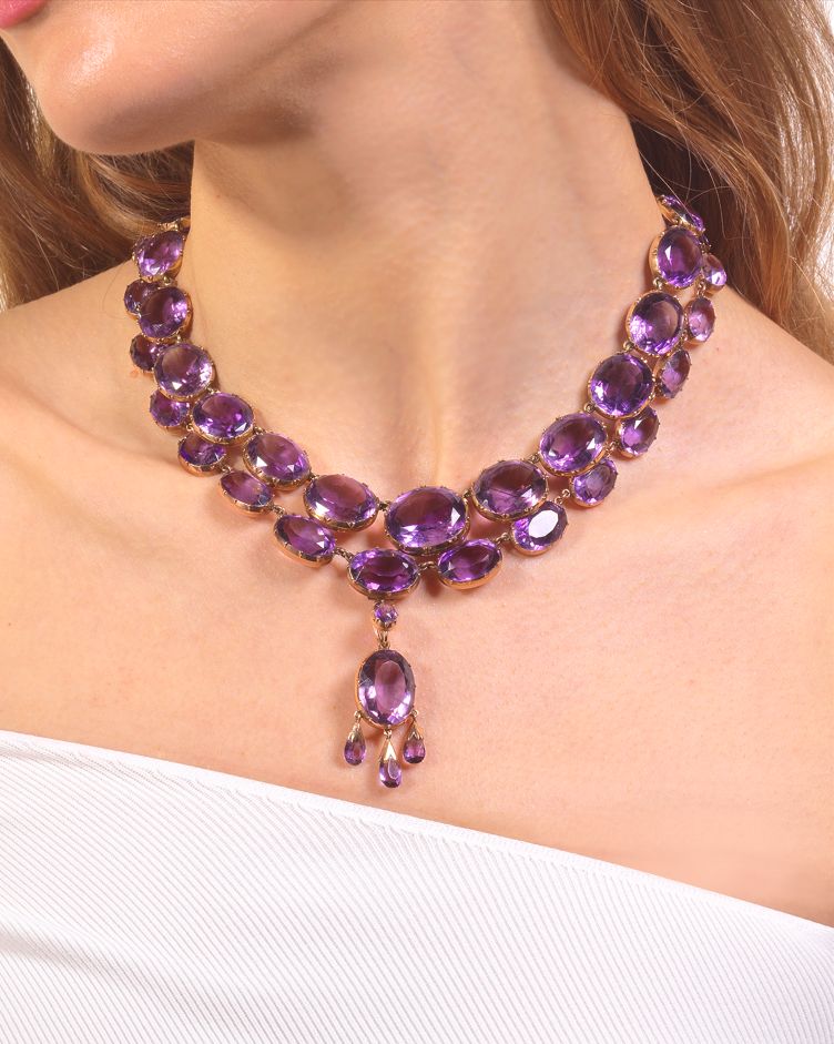 An oval-cut amethyst rivière necklace circa 19th century offered at the Bonhams Knightsbridge Jewels Sale in London on February 15, 2023