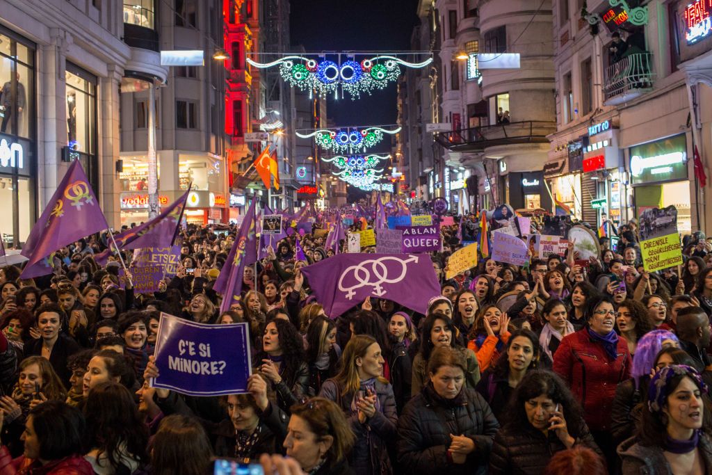 ISTANBUL, TURKEY - MARCH 08: Thousands of demonstrators march down Istanbul's famous Istiklal street during a rally for International Women's Day on March 8, 2017 in Istanbul, Turkey. Women around the globe attended events, rallies and protests to highlight the work and achievements of women all over the world. International Women's Day was first marked in 1911. (Photo by Chris McGrath/Getty Images)