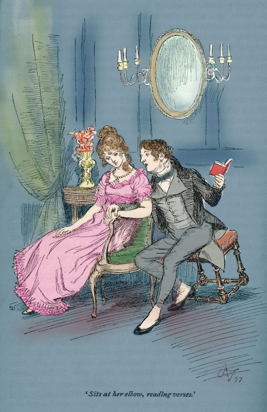 Jane Austen s novel   Persuasion - Written 1816 and published 1818.  Caption reads:  Sits at her elbow, reading verses, edition illustrated by  Hugh Thomson 1897. English novelist b. 16 December 1775 - 1817.    . Artist HT 1860 - 1920. Colourised version. (Photo by Culture Club/Getty Images)
