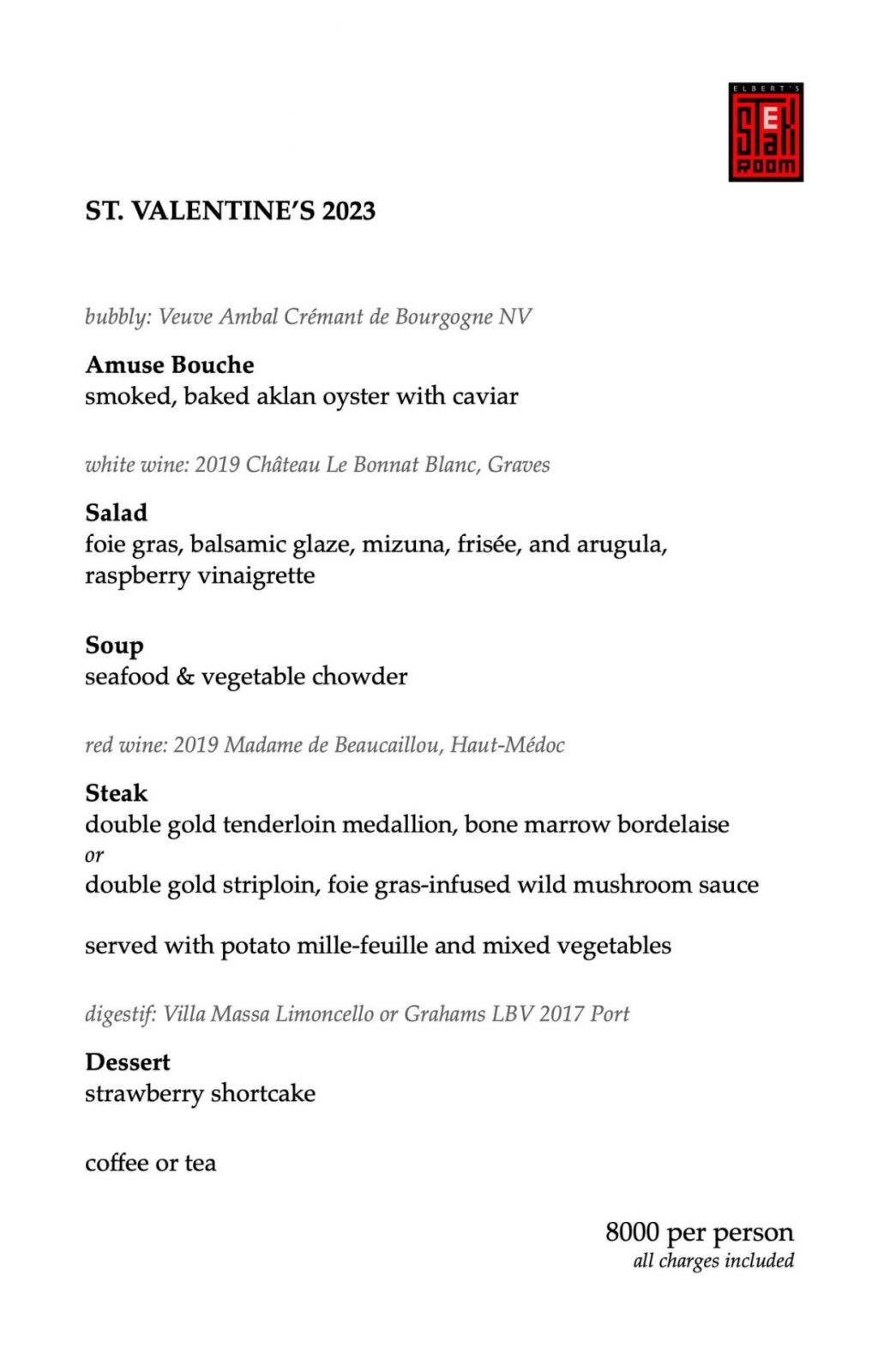 Valentine’s Day 2023 Menus Elbert’s Steak Room