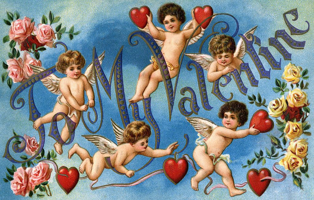 To My Valentine' Victorian illustration with winged cherubs and hearts on a blue background, chromolithograph, 1910s. (Illustration by GraphicaArtis/Getty Images)