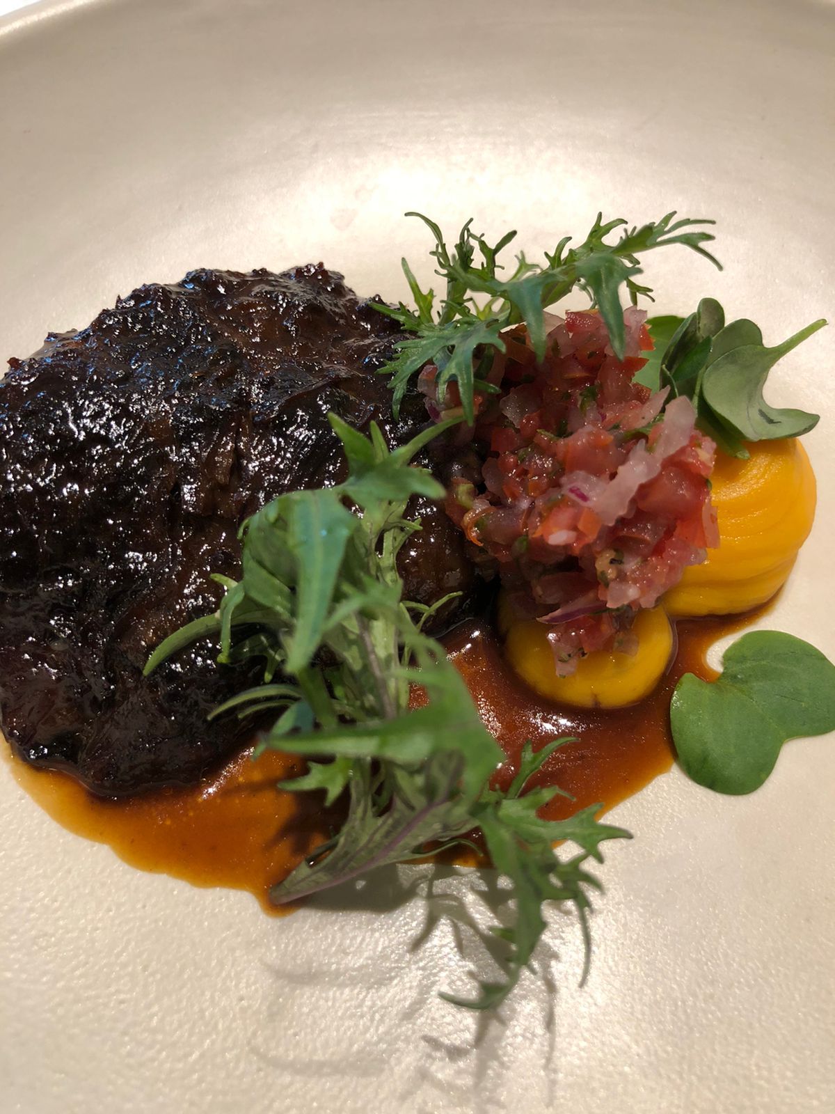 Fourth Course: Braised beef cheeks with sweet potato and South American pebre sauce