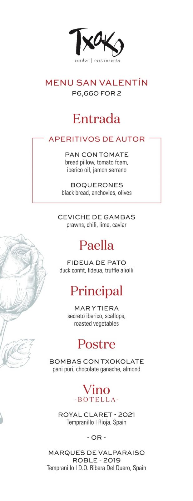 Txoko Asador Valentine’s Day menu