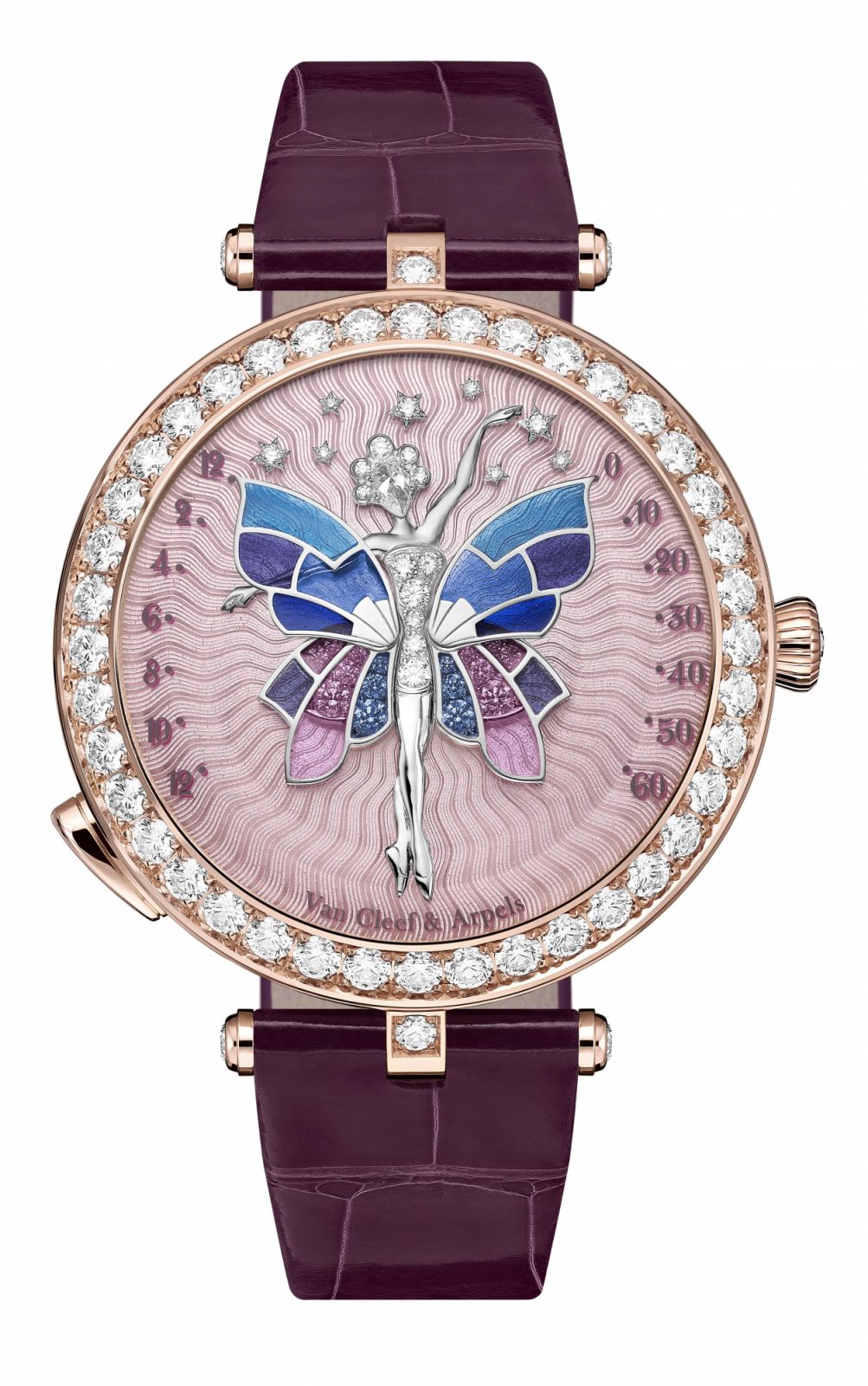 梵克雅寶Lady Arpels Ballerine Enchantée Rose Gold腕錶,使用內填琺瑯以及彩繪玻璃琺瑯錶盤