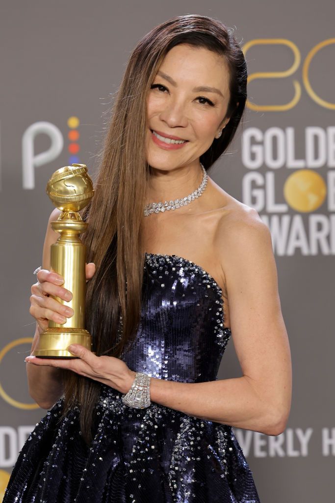 BEVERLY HILLS, CALIFORNIA - JANUARY 10: Michelle Yeoh poses with the Best Actress in a Motion Picture â Musical or Comedy award for "Everything Everywhere All at Once" in the press room during the 80th Annual Golden Globe Awards at The Beverly Hilton on January 10, 2023 in Beverly Hills, California. (Photo by Amy Sussman/Getty Images)