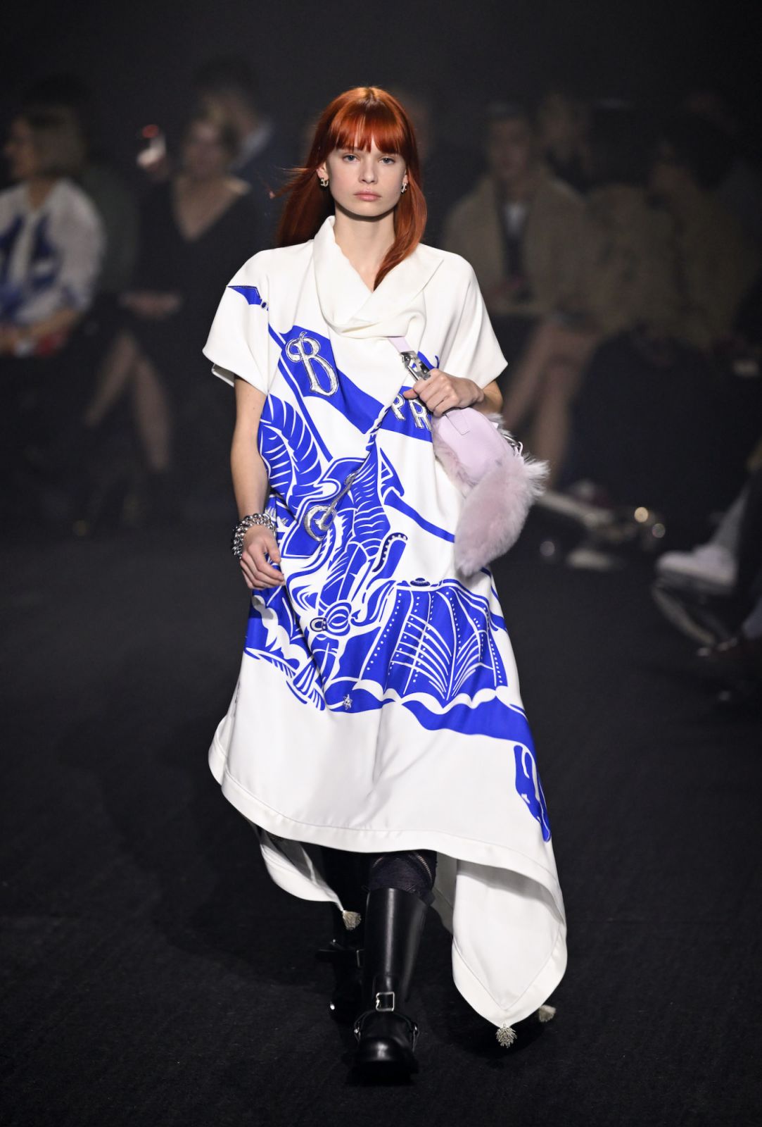 LONDON, ENGLAND - FEBRUARY 20: A model walks the runway at the Burberry show during London Fashion Week February 2023 in Kennington Park on February 20, 2023 in London, England. (Photo by Karwai Tang/WireImage)
