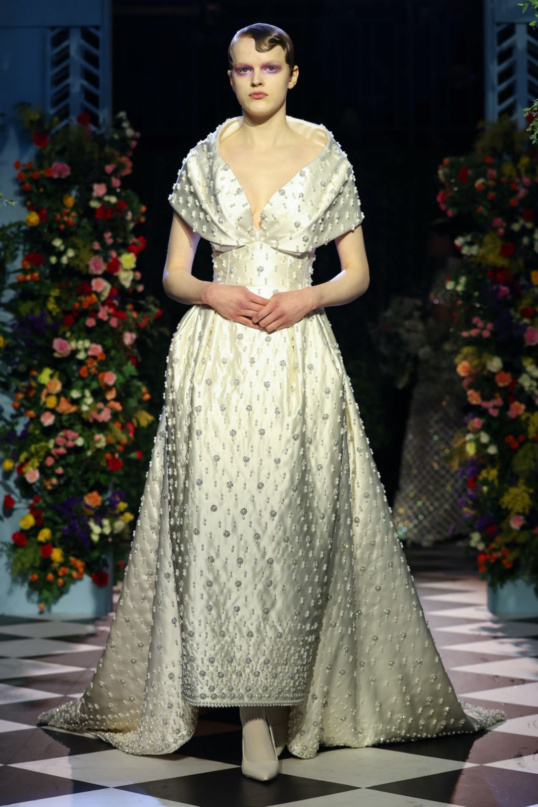 LONDON, ENGLAND - FEBRUARY 18: A model walks the runway at the Richard Quinn show during London Fashion Week February 2023 on February 18, 2023 in London, England. (Photo by Luke Walker/BFC/Getty Images)