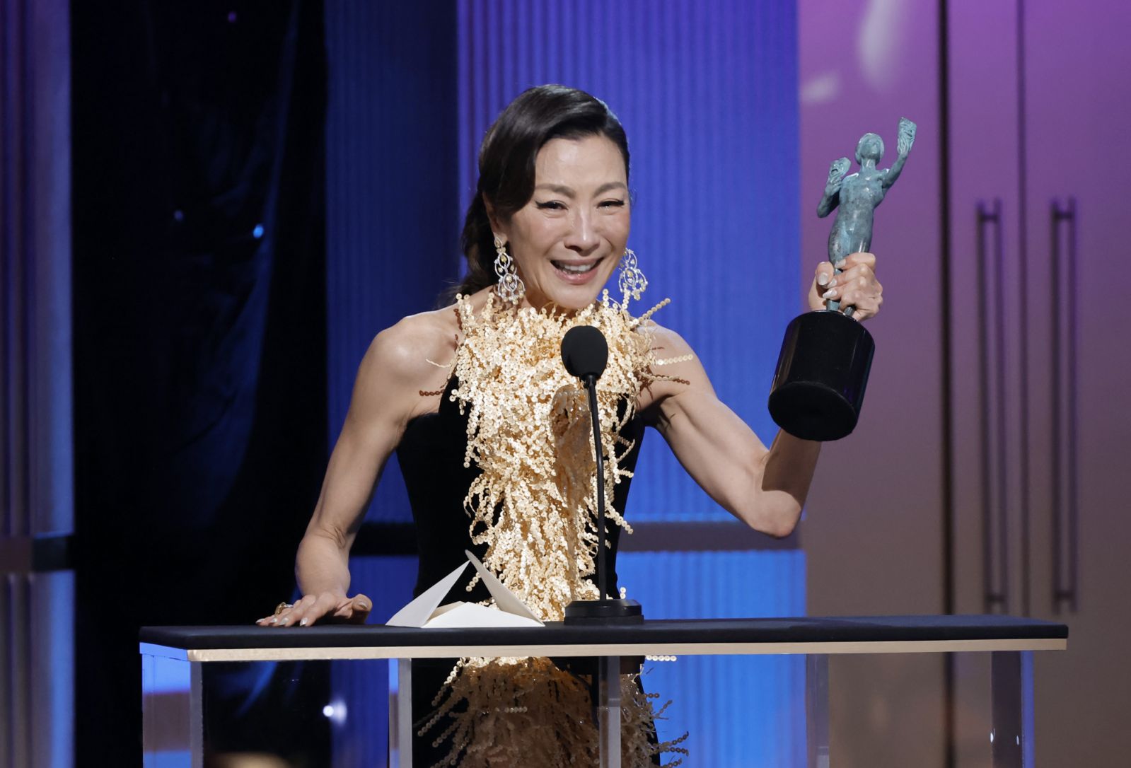 LOS ANGELES, CALIFORNIA - FEBRUARY 26: Michelle Yeoh accepts the Outstanding Performance by a Female Actor in a Leading Role for "Everything Everywhere All at Once" onstage during the 29th Annual Screen Actors Guild Awards at Fairmont Century Plaza on February 26, 2023 in Los Angeles, California. (Photo by Kevin Winter/Getty Images)